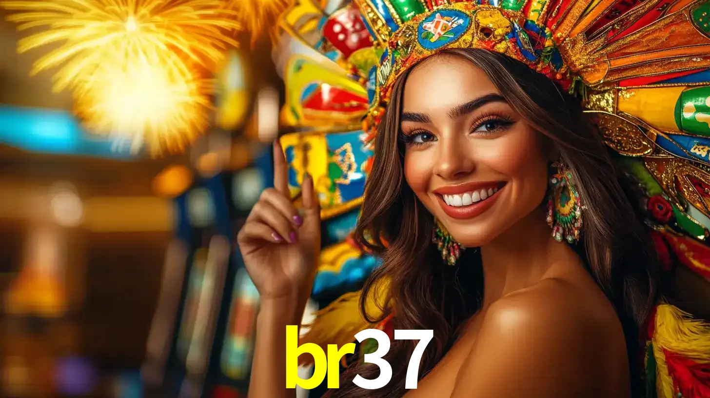 Mulher sorridente com um cocar de carnaval vibrante e colorido, celebrando uma grande vitória nos jogos do cassino br37 com fogos de artifício ao fundo.