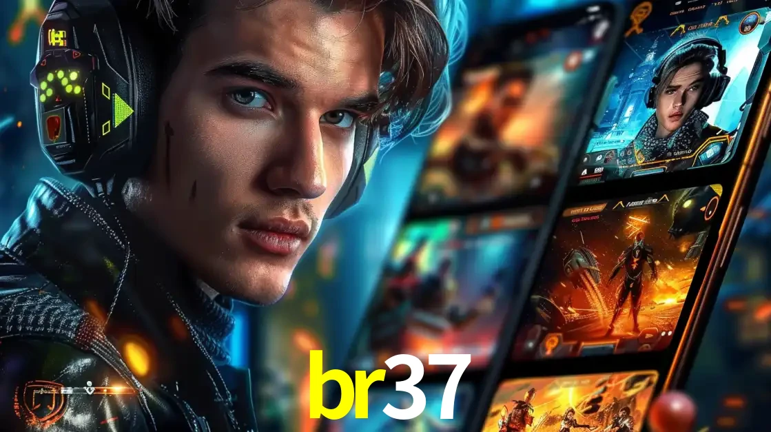 Jovem jogador com fones de ouvido olhando para a câmera, com um aplicativo de jogos e e-sports para celular ao fundo, pronto para a competição e apostas no br37.