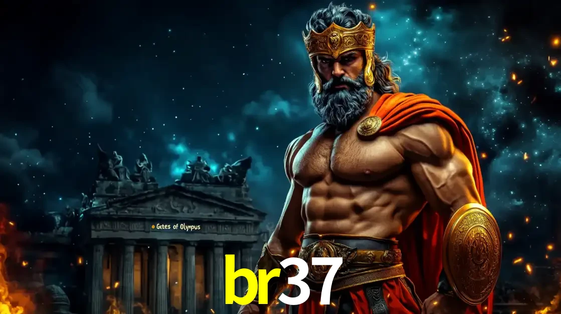 O poderoso Zeus do jogo de slot Gates of Olympus em frente ao seu templo, pronto para lançar multiplicadores divinos e prêmios épicos no cassino online br37.