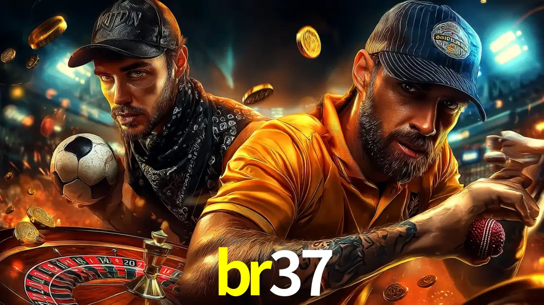 Montagem de apostas esportivas e cassino no br37, com um homem segurando uma bola de futebol e outro uma de beisebol sobre uma roleta e moedas voadoras.