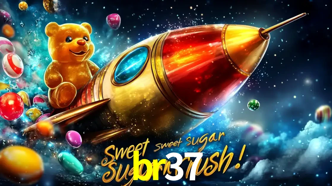 Arte promocional do jogo de slot Sugar Rush, com um urso de pelúcia em um foguete viajando pelo espaço de doces, um dos jogos divertidos disponíveis no cassino br37.
