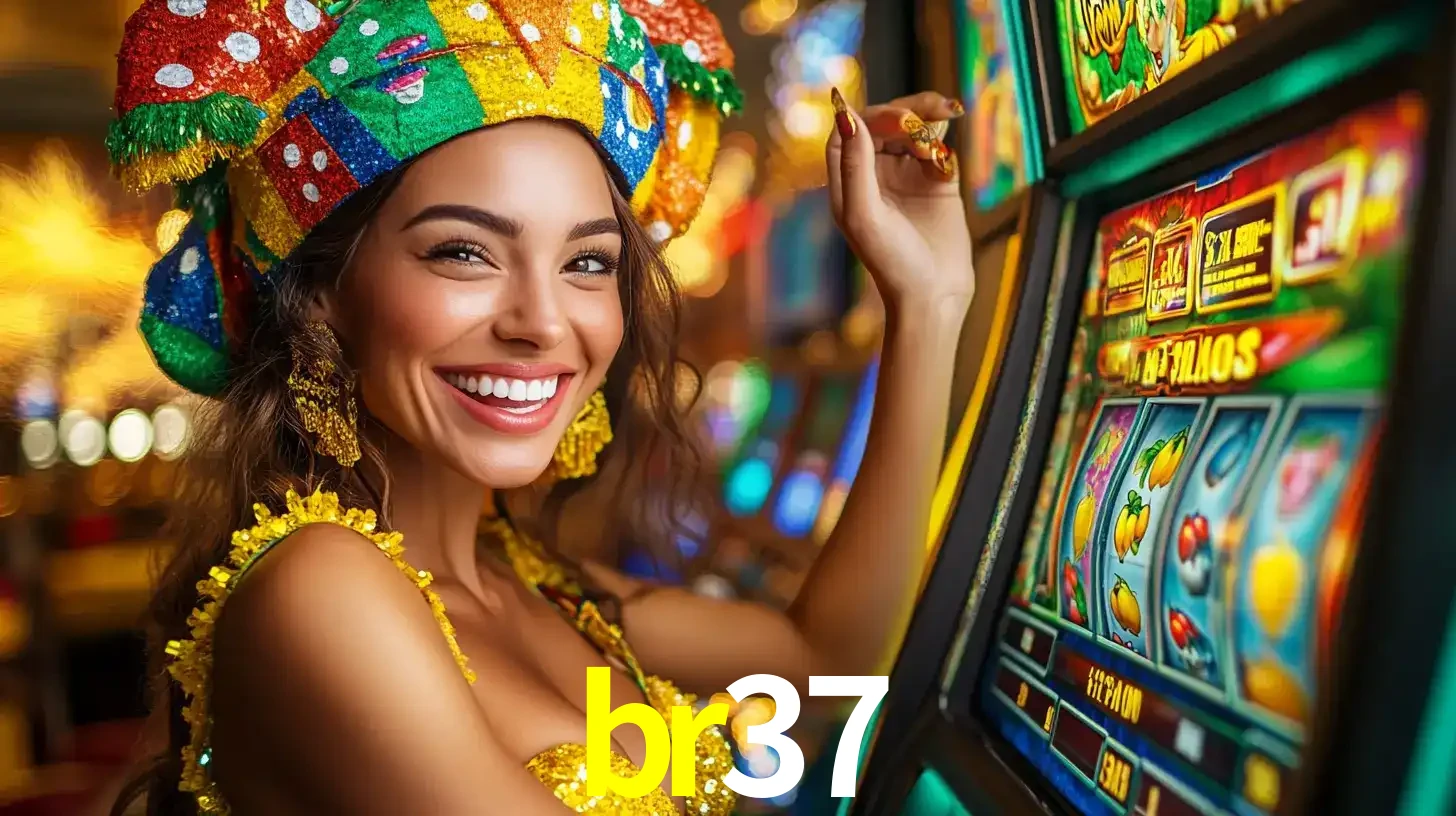 Mulher feliz com traje de carnaval amarelo e colorido ao lado de uma máquina de caça-níqueis, aproveitando a diversão e os jogos temáticos do cassino br37.