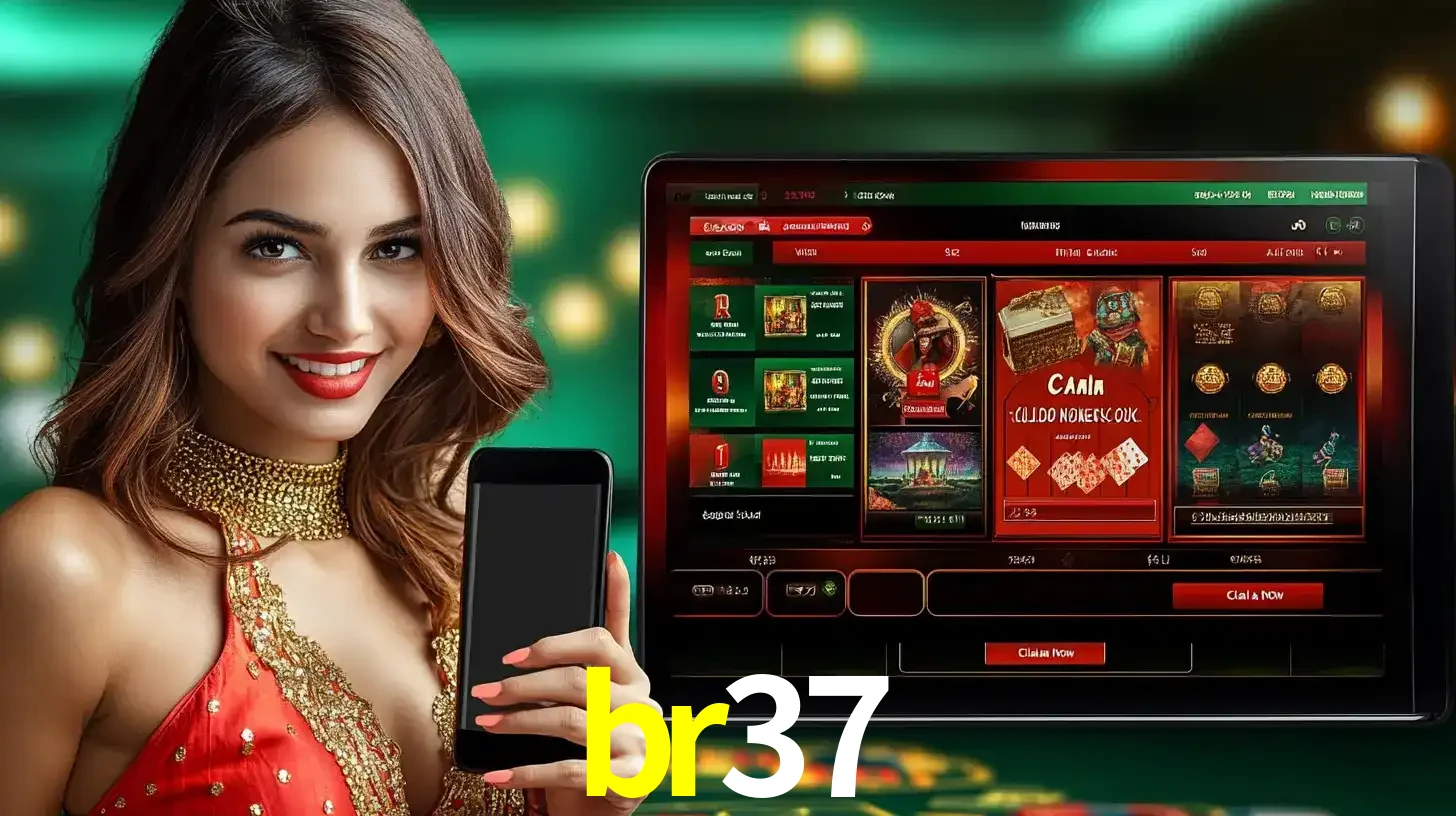 Mulher sorridente segurando um smartphone, ao lado de uma tela exibindo o lobby de jogos do cassino online br37, com várias opções de jogos de cartas e slots.